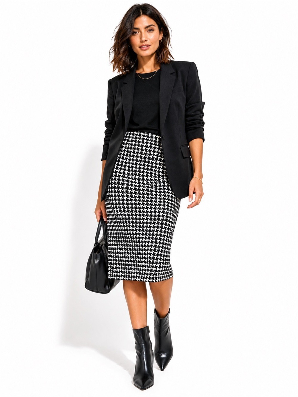 Houndstooth Midi Pencil Skirt Black White Jersey Knit Stretch Pull-On Office, 6